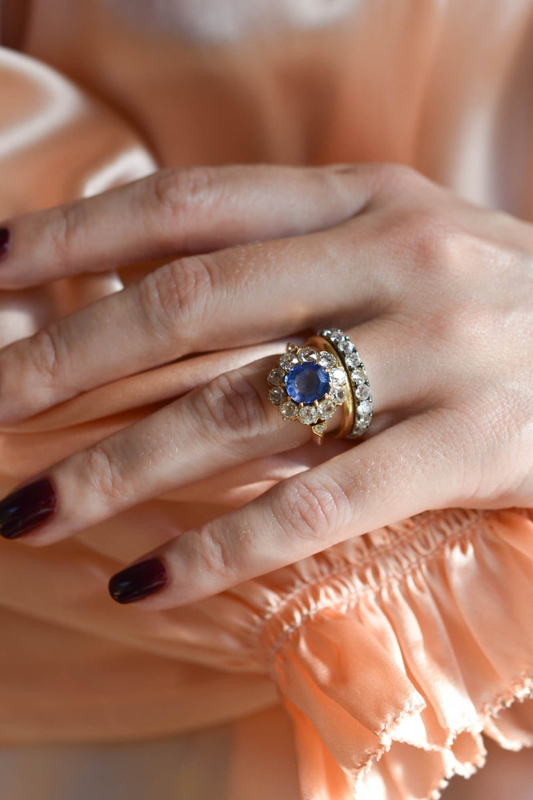 Edwardian 2.35 Carat Octagonal Cut Ceylon Sapphire & Diamond Cluster Ring