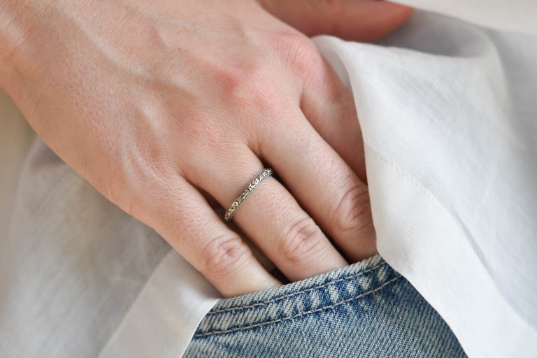 Edwardian Priscilla Engraved Diamond Platinum and Gold Antique Wedding Band, America - Size 7