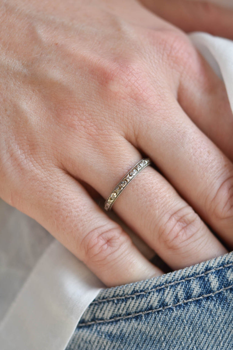 Edwardian Priscilla Engraved Diamond Platinum and Gold Antique Wedding Band, America - Size 7