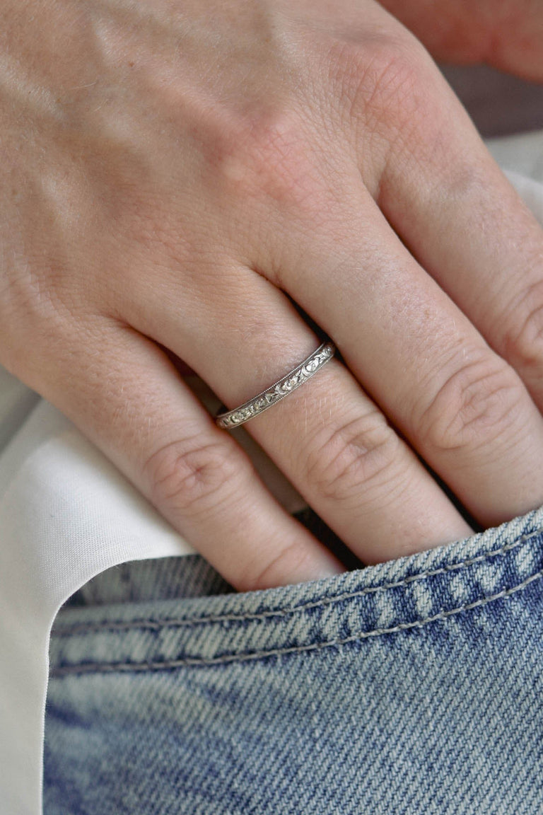 Edwardian Priscilla Engraved Diamond Platinum and Gold Antique Wedding Band, America - Size 8