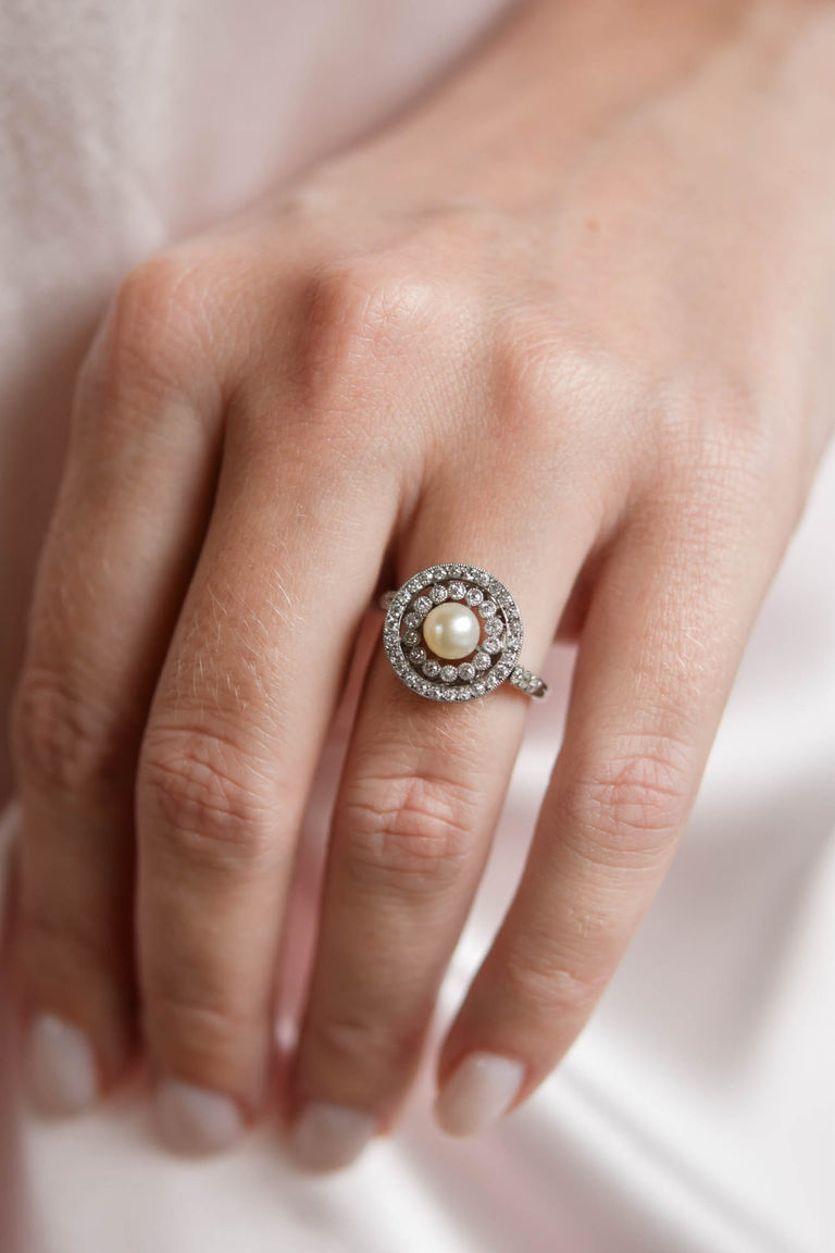 Edwardian Natural Pearl & Diamond Antique Dinner Ring, France