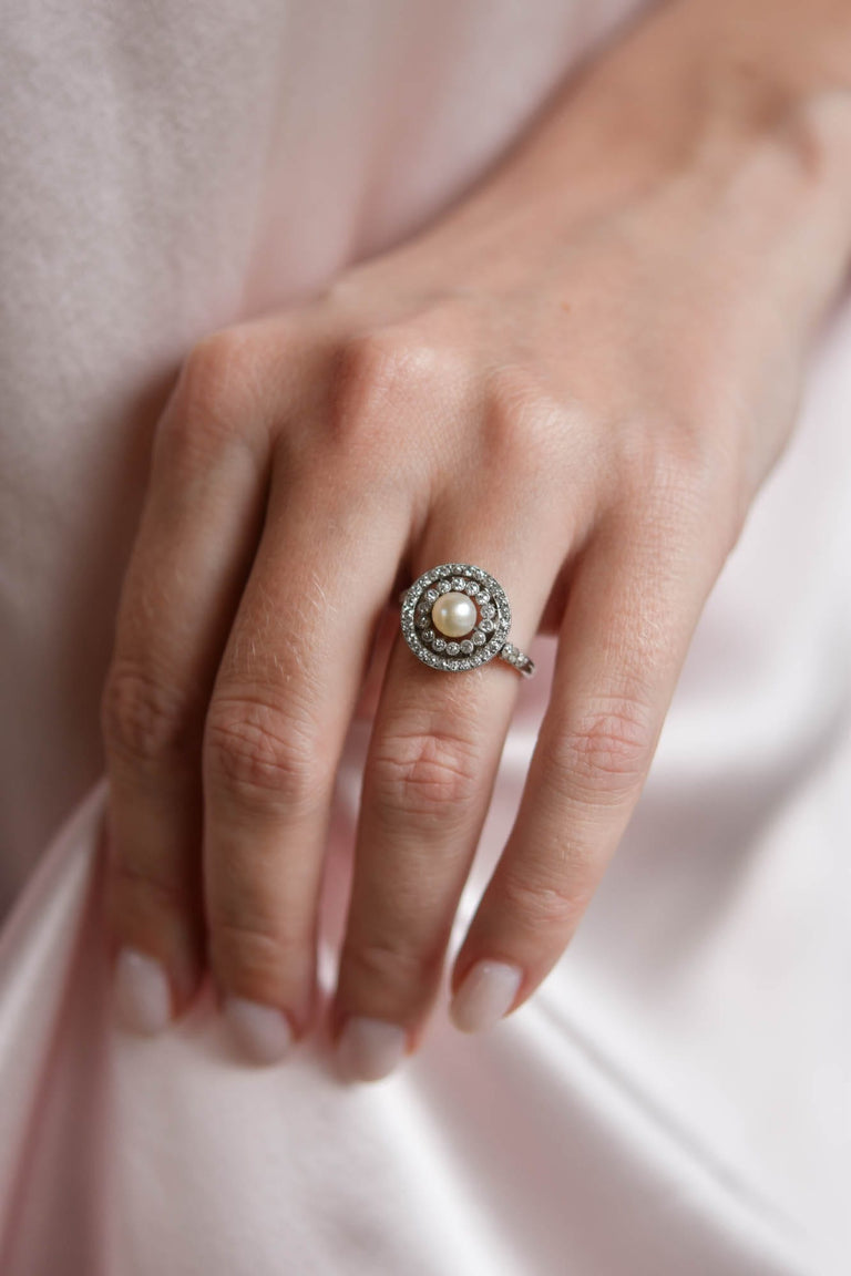 Edwardian Natural Pearl & Diamond Antique Dinner Ring, France