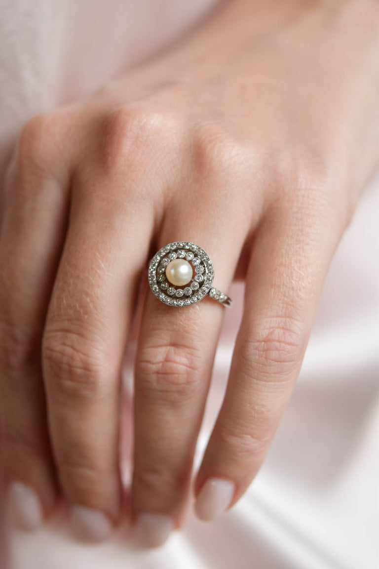 Edwardian Natural Pearl & Diamond Antique Dinner Ring, France