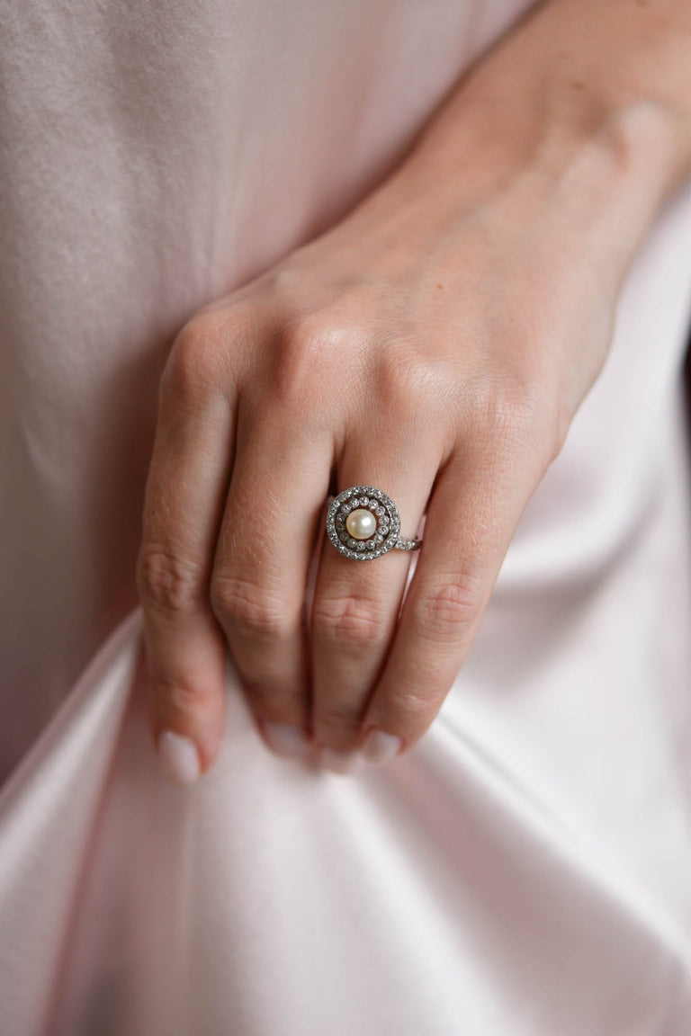 Edwardian Natural Pearl & Diamond Antique Dinner Ring, France