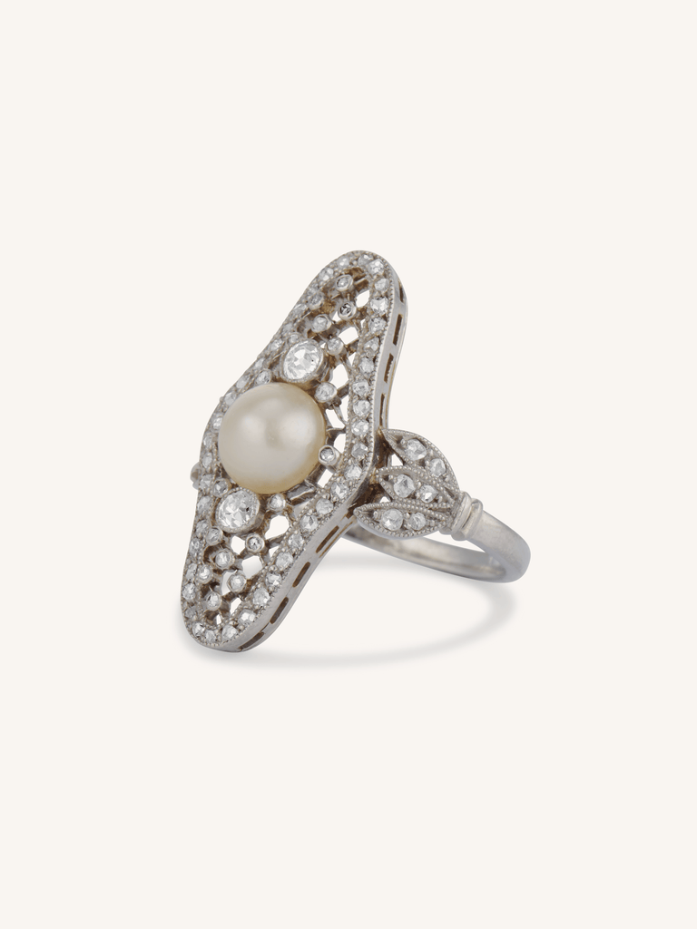Edwardian Natural Saltwater Pearl & Diamond Navette Antique Dinner Ring
