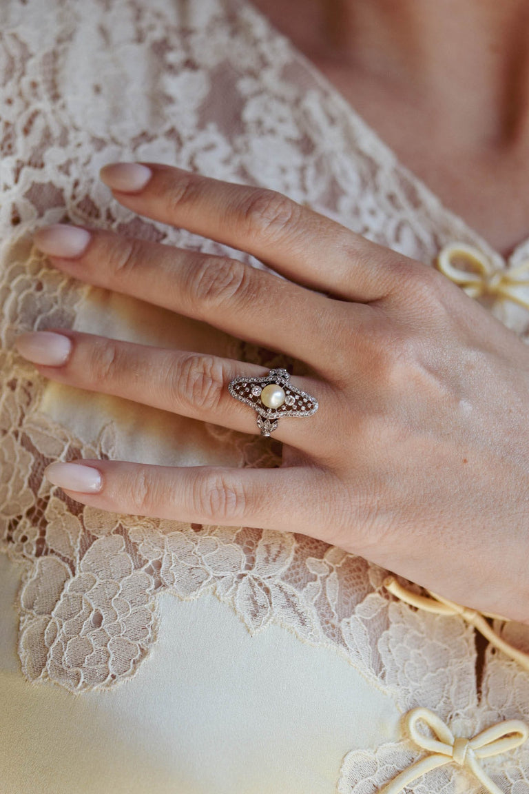 Edwardian Natural Saltwater Pearl & Diamond Navette Antique Dinner Ring