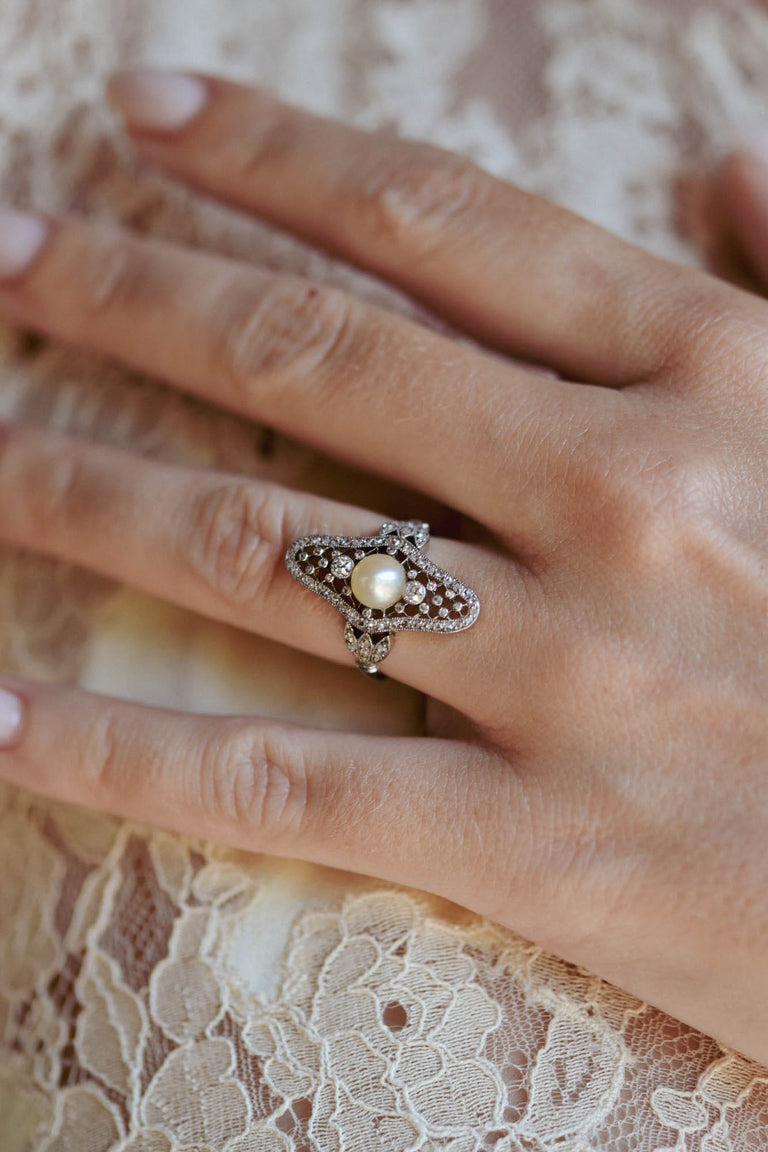 Edwardian Natural Saltwater Pearl & Diamond Navette Antique Dinner Ring