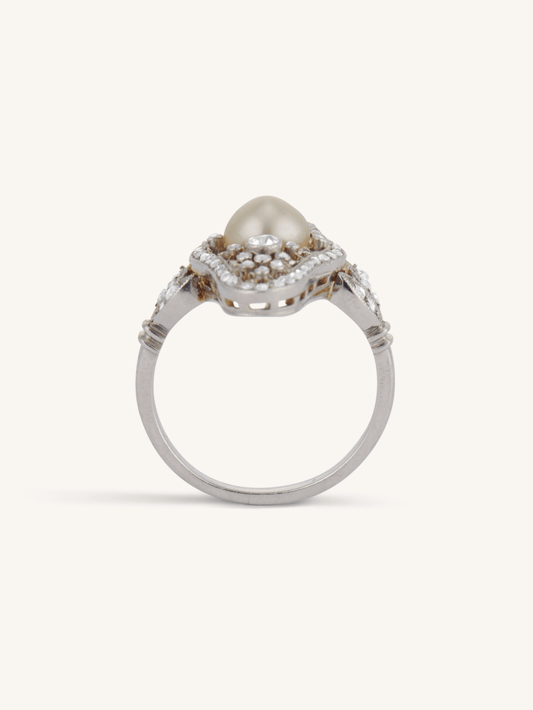 Edwardian Natural Saltwater Pearl & Diamond Navette Antique Dinner Ring