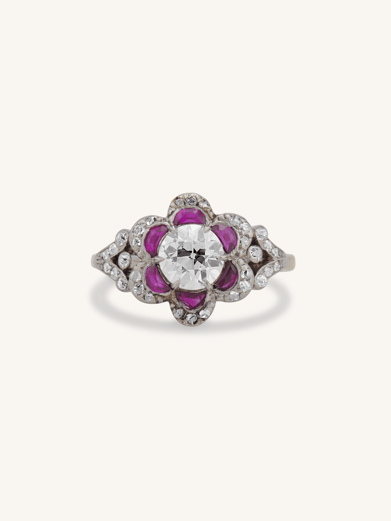Edwardian Old European Cut Diamond & Ruby Floral Cluster Antique Ring