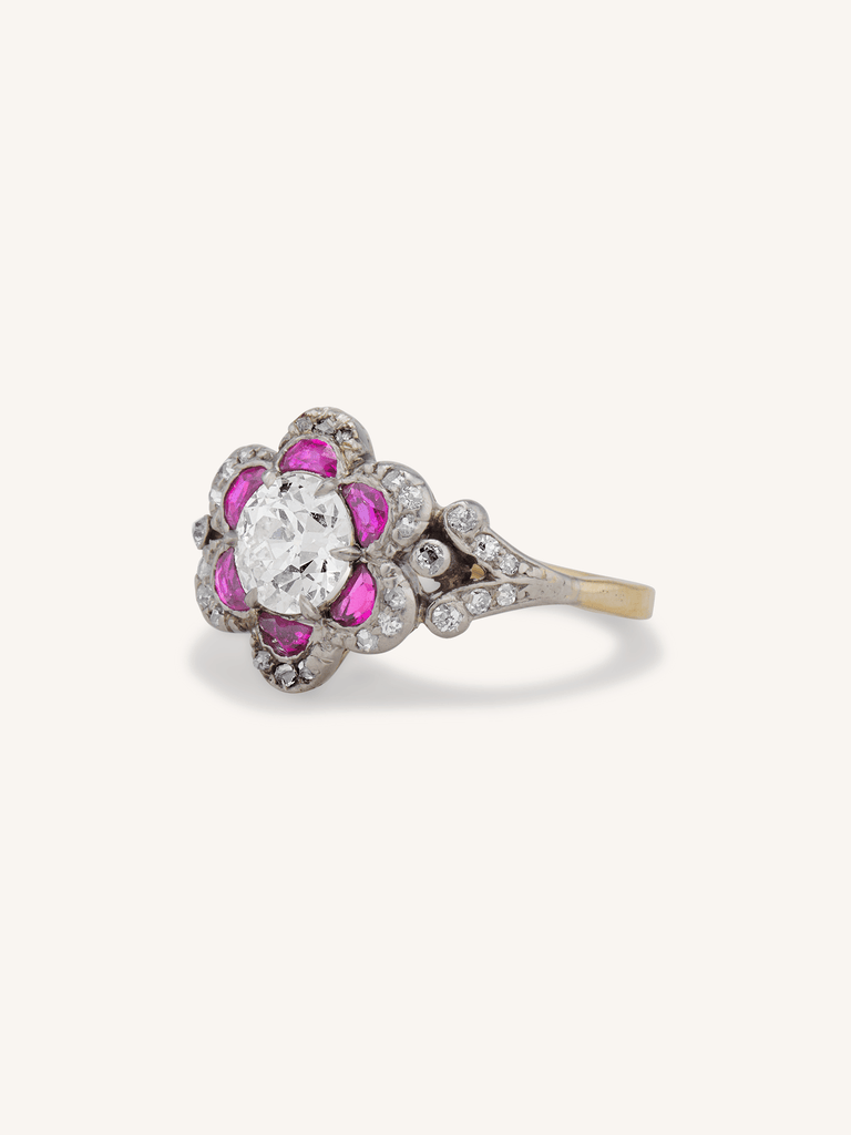 Edwardian Old European Cut Diamond & Ruby Floral Cluster Antique Ring