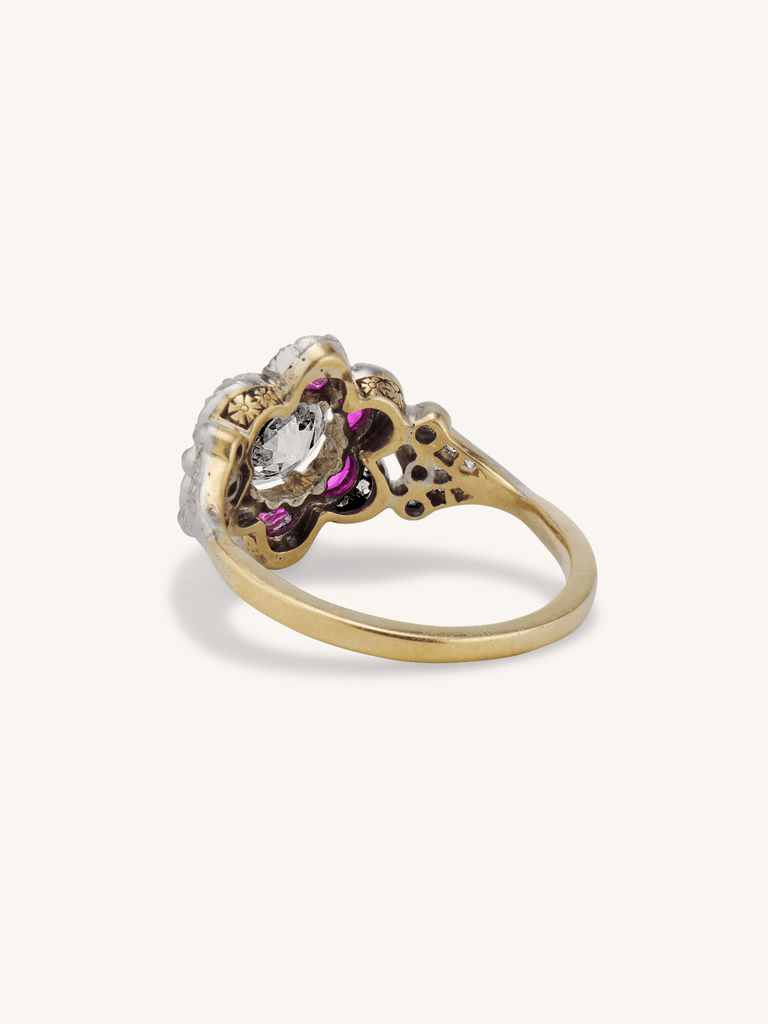 Edwardian Old European Cut Diamond & Ruby Floral Cluster Antique Ring