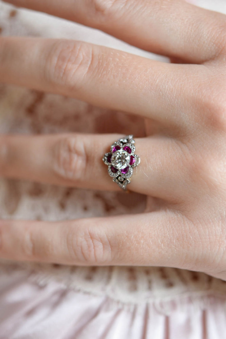 Edwardian Old European Cut Diamond & Ruby Floral Cluster Antique Ring