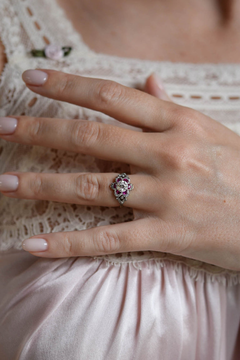 Edwardian Old European Cut Diamond & Ruby Floral Cluster Antique Ring