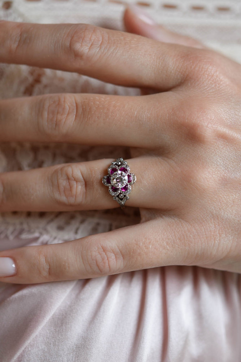 Edwardian Old European Cut Diamond & Ruby Floral Cluster Antique Ring
