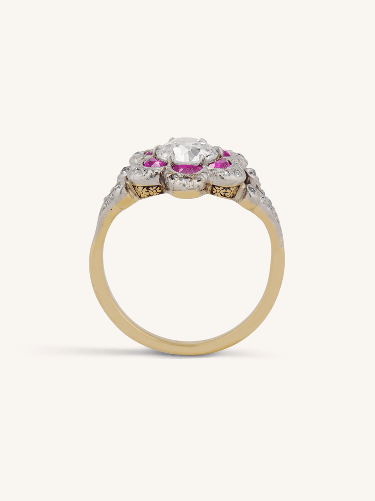 Edwardian Old European Cut Diamond & Ruby Floral Cluster Antique Ring