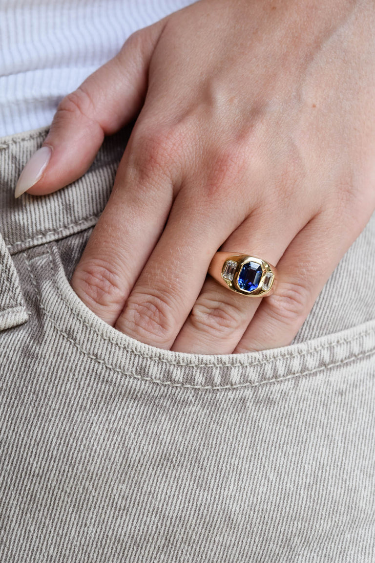 Estate 2.23 Carat Ceylon Sapphire & Diamond Three Stone Flush-Set Ring