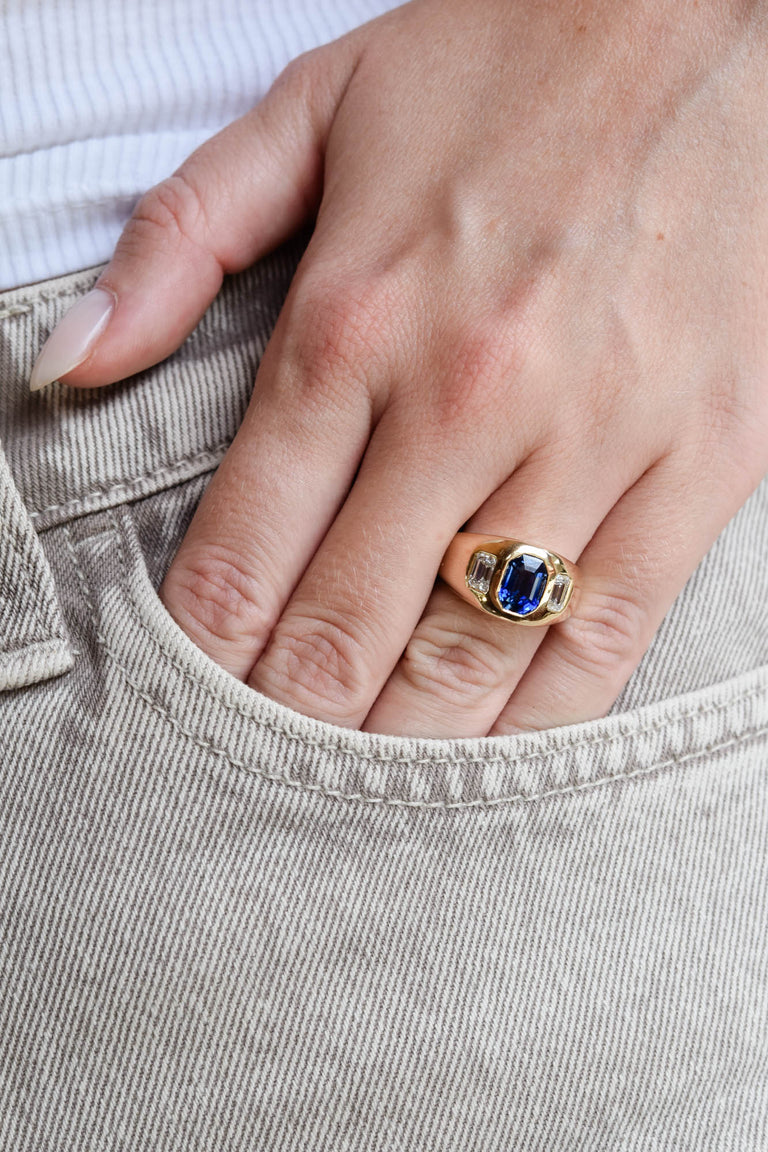 Estate 2.23 Carat Ceylon Sapphire & Diamond Three Stone Flush-Set Ring