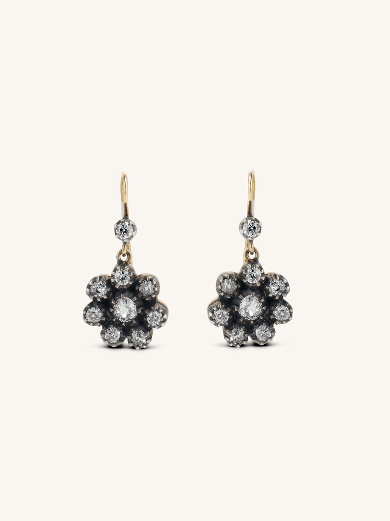 Estate old mine cut diamond cluster French hook earrings in silver-topped 18K gold, antique-inspired design