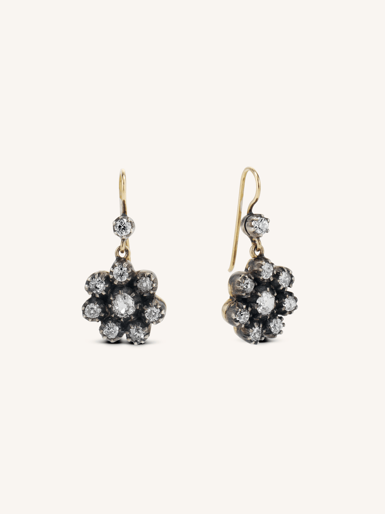 Estate old mine cut diamond cluster French hook earrings in silver-topped 18K gold, antique-inspired design