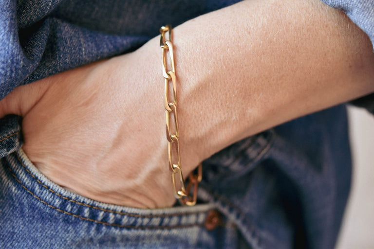 Gold Paperclip Link Vintage Chain-Link Bracelet, France on a model 2