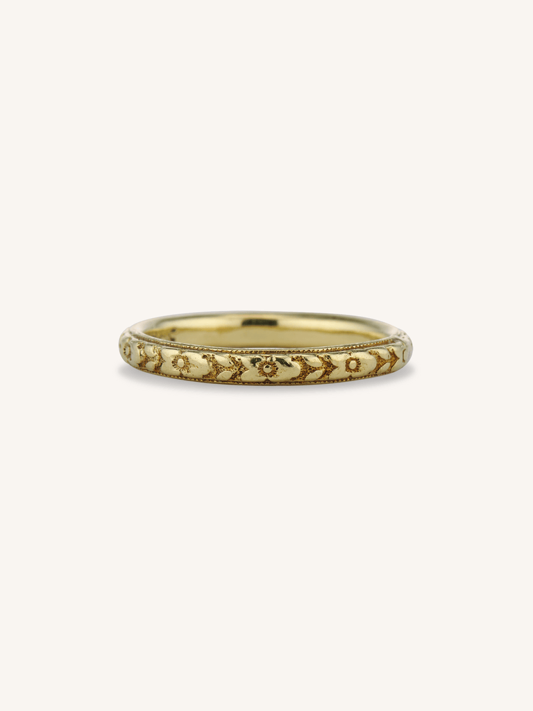 Mid-Century Lohengrin Floral Rosette Hand-Engraved 14k Gold Wedding Band - Size 5.75