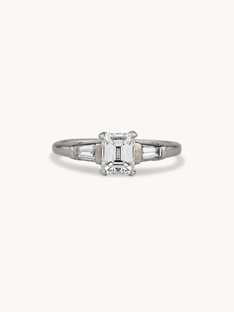 Midcentury .80 Carat Emerald Cut Diamond Solitaire Vintage Engagement Ring
