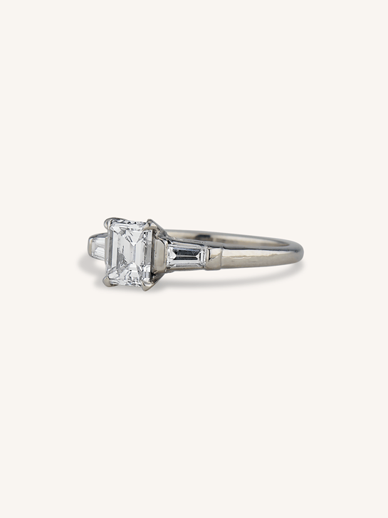 Midcentury .80 Carat Emerald Cut Diamond Solitaire Vintage Engagement Ring