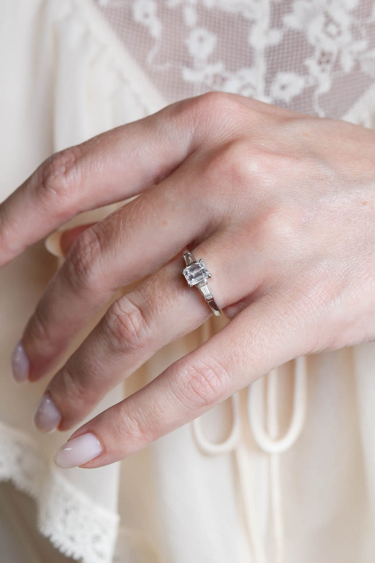 Midcentury .80 Carat Emerald Cut Diamond Solitaire Vintage Engagement Ring