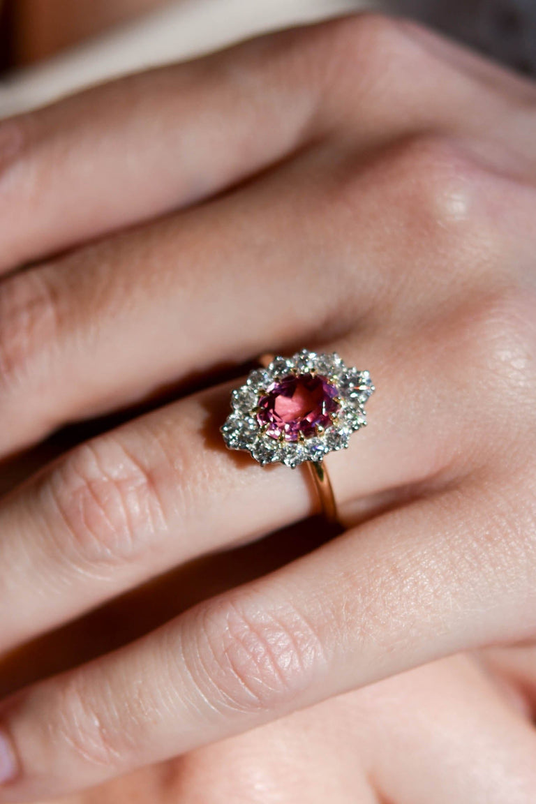 Pink Tourmaline Cluster Engagement Ring 18K Yellow Gold Vintage - Leia - on a hand