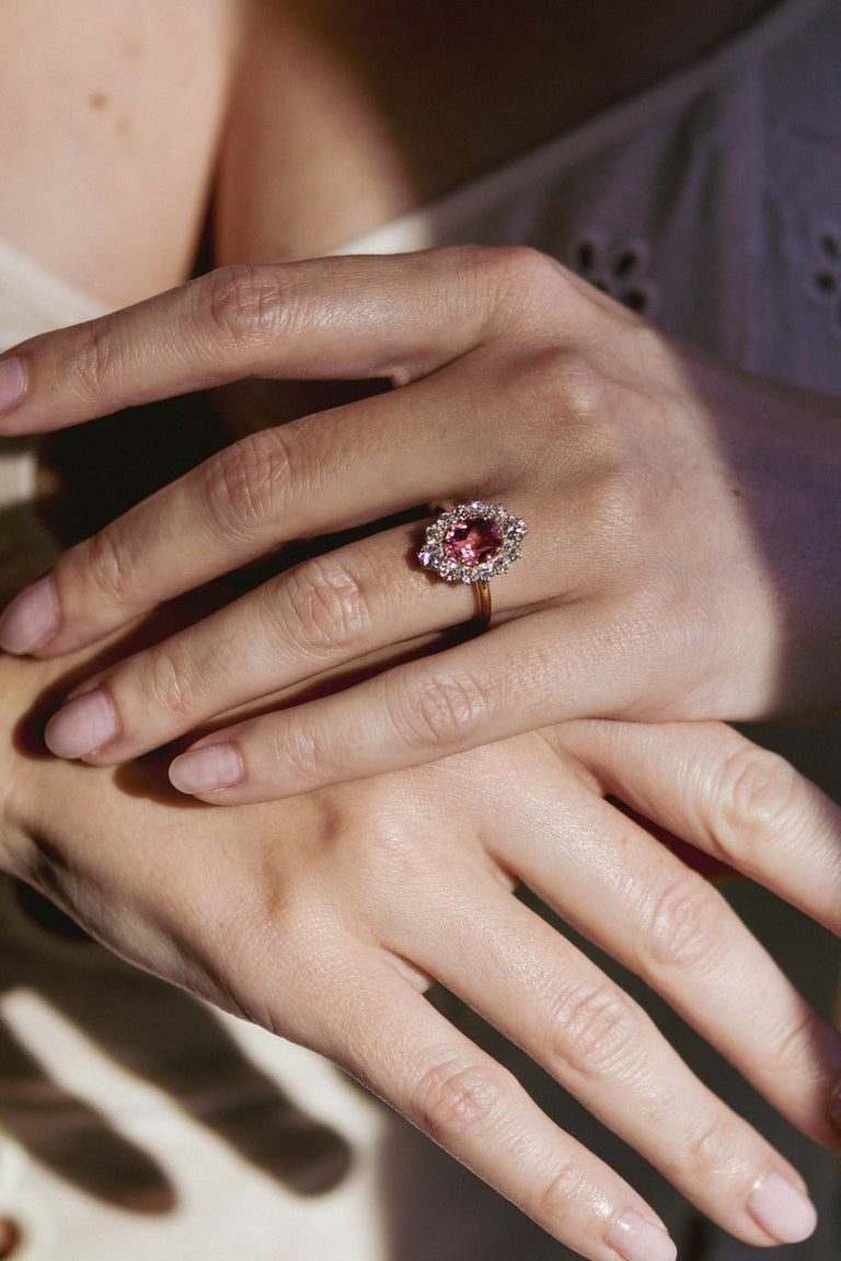 Pink Tourmaline Cluster Engagement Ring 18K Yellow Gold Vintage - Leia - on a model