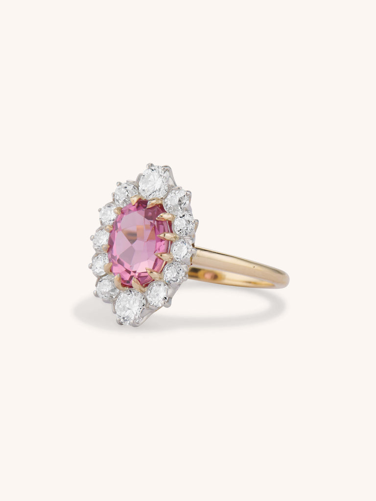 Pink Tourmaline Cluster Engagement Ring 18K Yellow Gold Vintage - Leia - profile