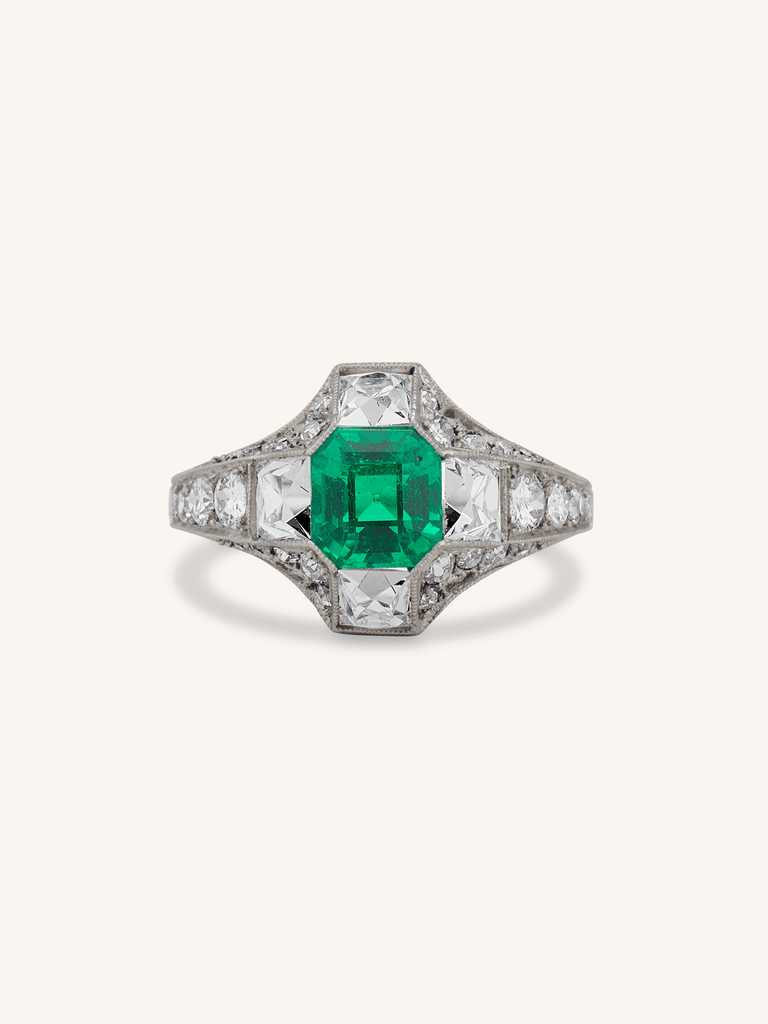 Rare Tiffany & Co. Art Deco Colombian Emerald Cut Emerald Engagement Ring
