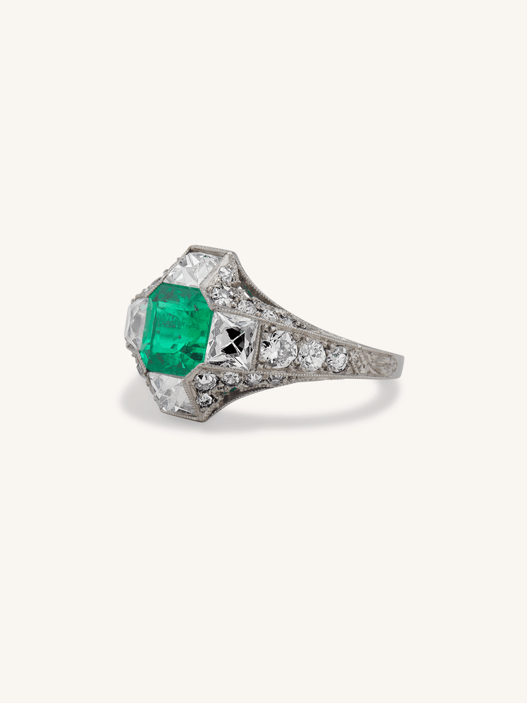 Rare Tiffany & Co. Art Deco Colombian Emerald Cut Emerald Engagement Ring