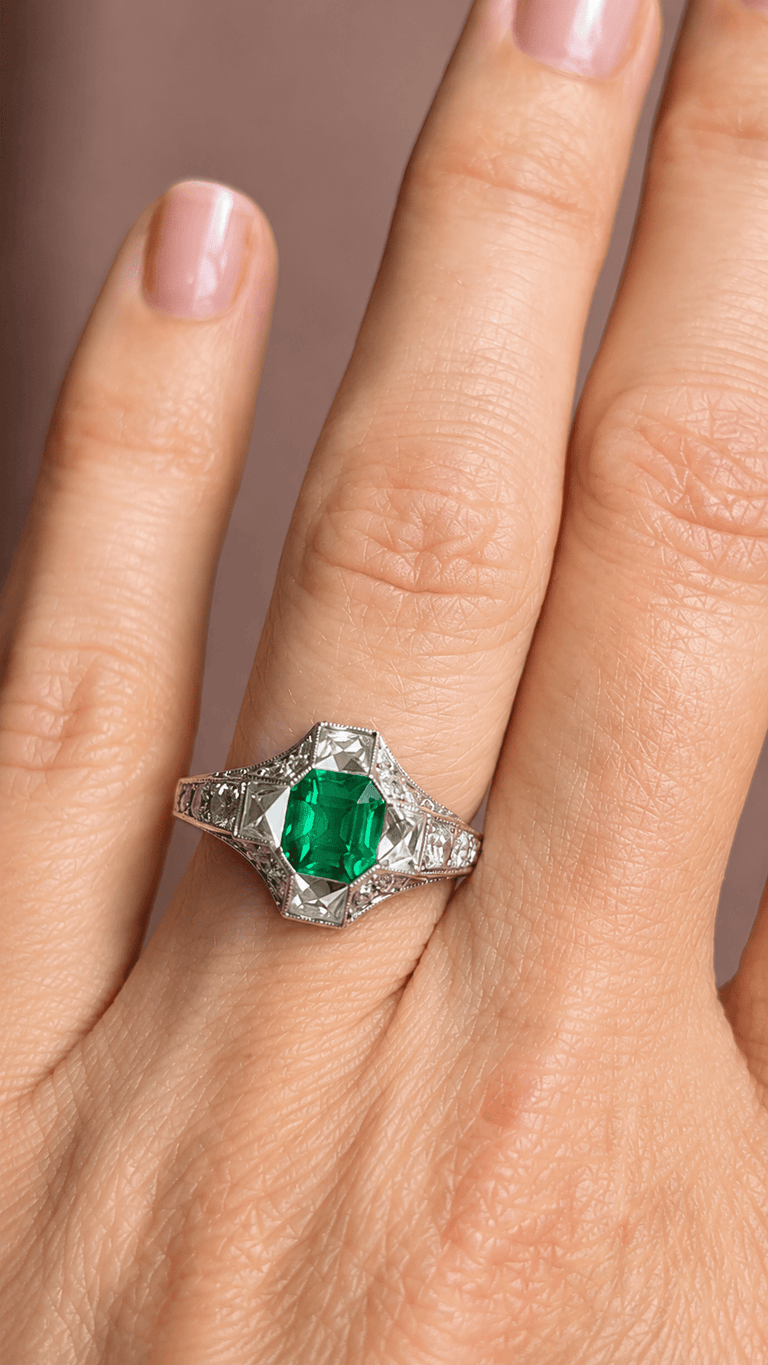 Rare Tiffany & Co. Art Deco Colombian Emerald Cut Emerald Engagement Ring