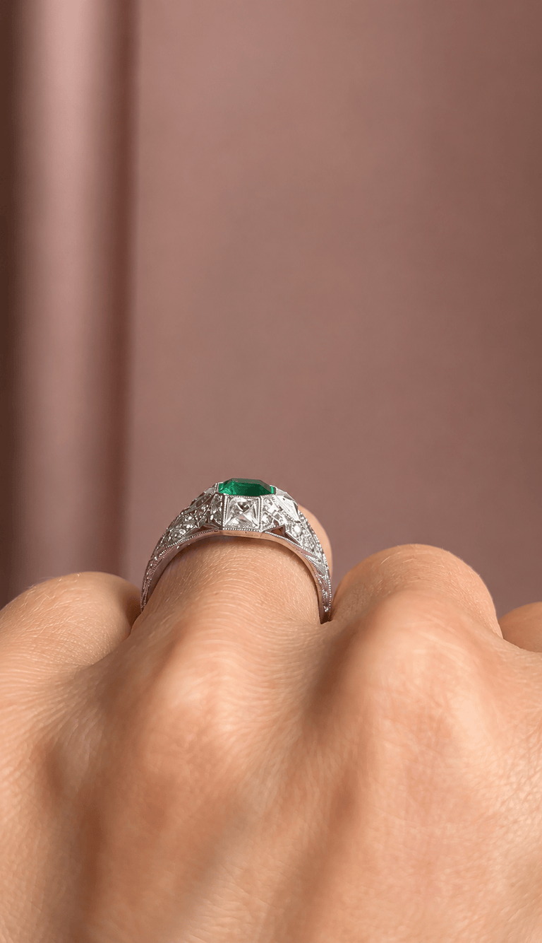 Rare Tiffany & Co. Art Deco Colombian Emerald Cut Emerald Engagement Ring