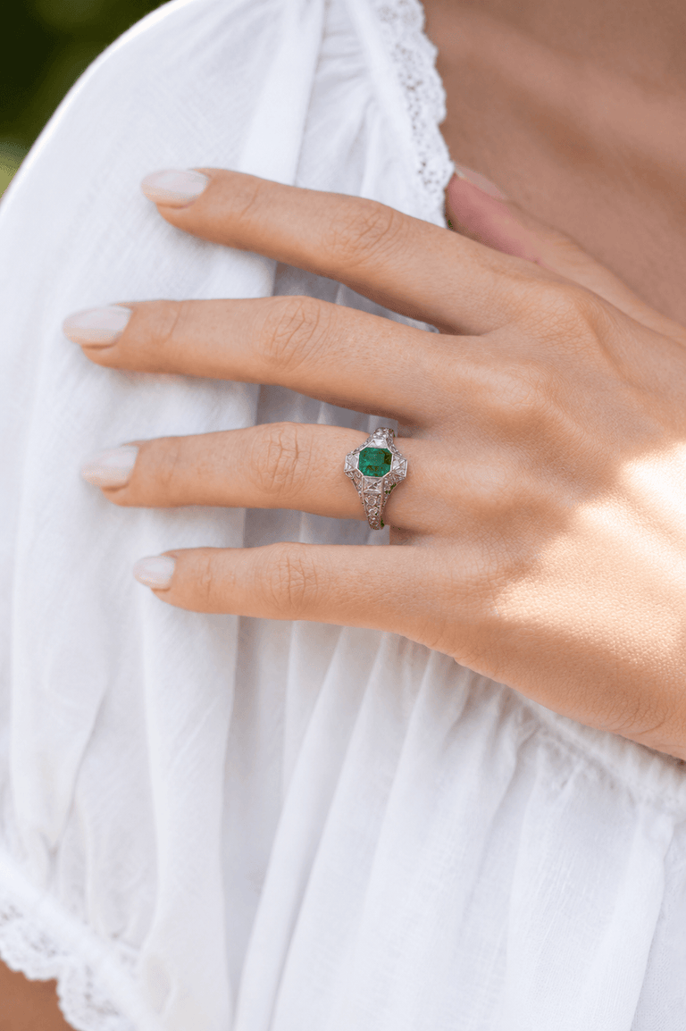 Rare Tiffany & Co. Art Deco Colombian Emerald Cut Emerald Engagement Ring