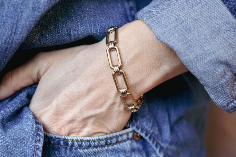 Retro Bi-Color Gold Rectangular Link Vintage Bracelet Circa 1940 on a model