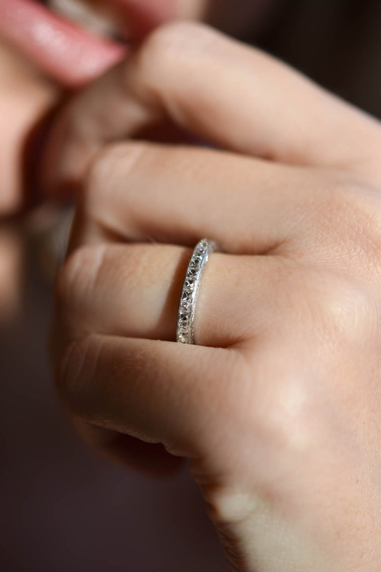 Tiffany & Co. 3 Carat Art Deco French Cut Diamond Platinum Eternity Band - Size 6.5 - on a hand