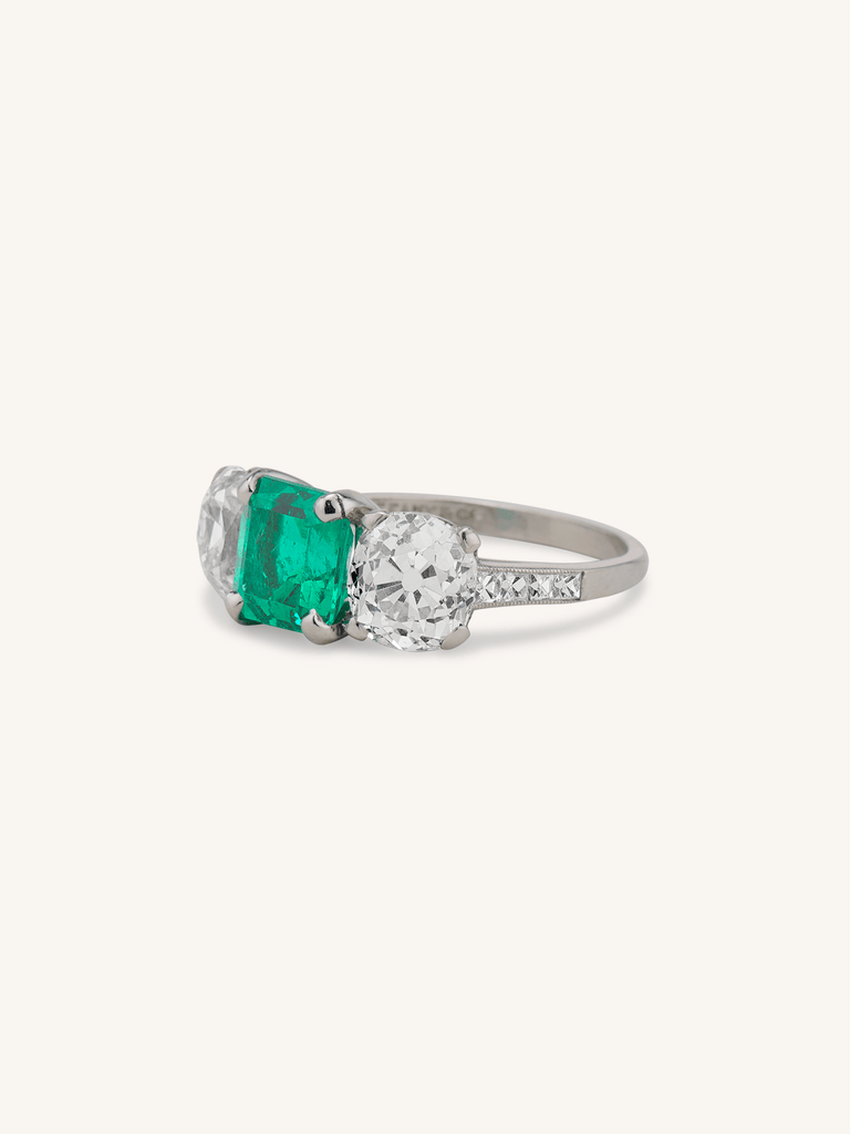 Tiffany & Co. Art Deco 1.53 Carat Colombian Emerald and Old Mine Diamond Antique Engagement Ring