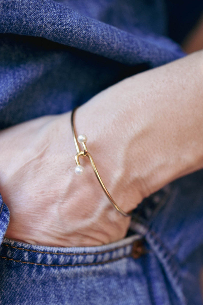 Tiffany & Co. Pearl & Gold Bypass Vintage Bangle On a Model