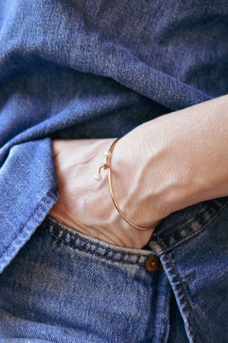 Tiffany & Co. Pearl & Gold Bypass Vintage Bangle On a Model 2