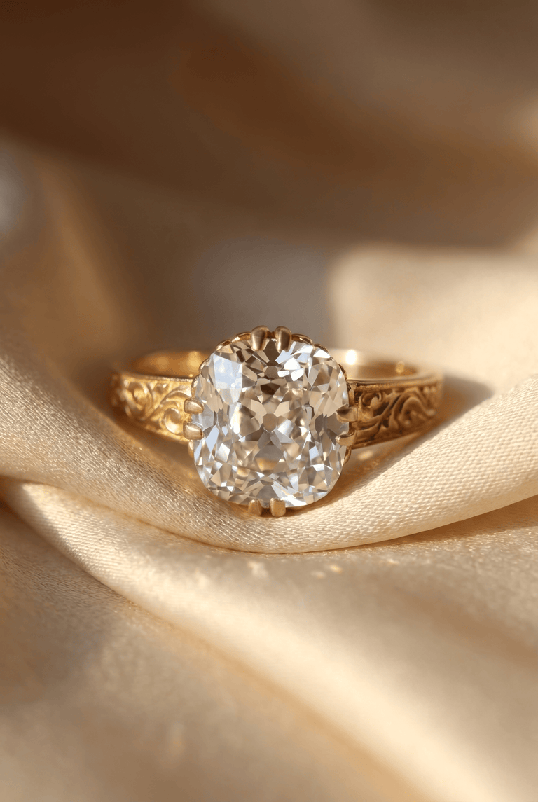 Victorian 2.35 Carat Old Mine Cut Diamond 20k Gold Engraved Solitaire Antique Engagement Ring