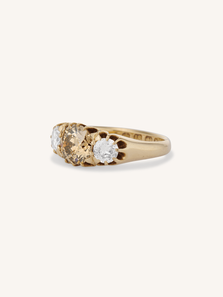 Victorian 1.30 Carat Old European Cut Fancy Brown & White Diamond Three Stone Antique Engagement Ring