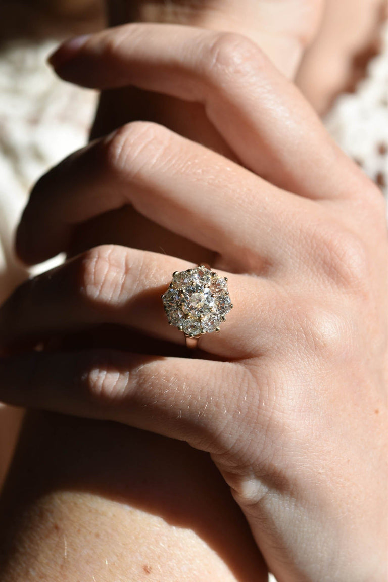 Victorian 1.31 Carat Old European Cut Diamond Cluster Antique Engagement Ring on a hand