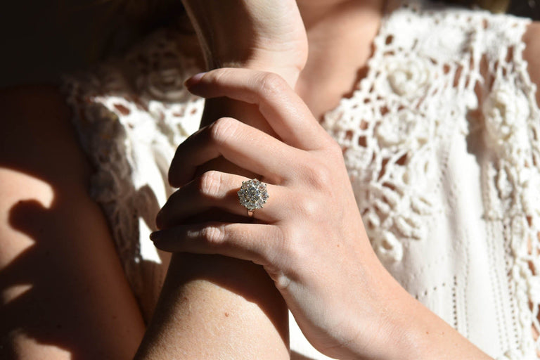 Victorian 1.31 Carat Old European Cut Diamond Cluster Antique Engagement Ring on a hand