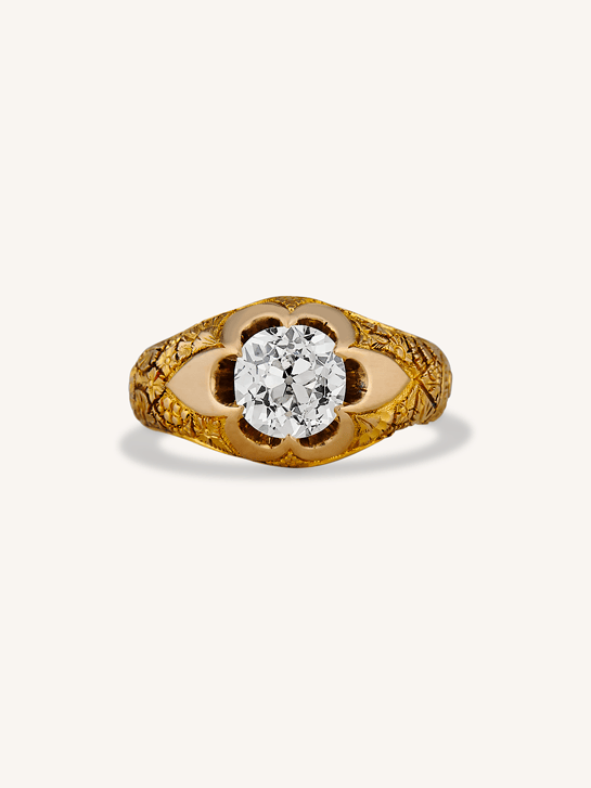 Victorian 1.55 Carat Old European Cut Diamond Engraved 18k Yellow Gold Belcher Antique Engagement Ring