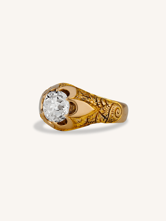 Victorian 1.55 Carat Old European Cut Diamond Engraved 18k Yellow Gold Belcher Antique Engagement Ring