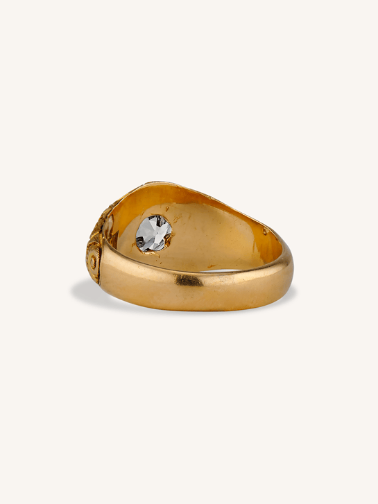 Victorian 1.55 Carat Old European Cut Diamond Engraved 18k Yellow Gold Belcher Antique Engagement Ring