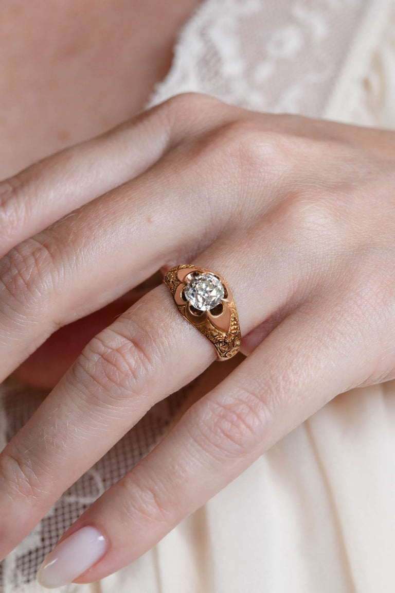 Victorian 1.55 Carat Old European Cut Diamond Engraved 18k Yellow Gold Belcher Antique Engagement Ring