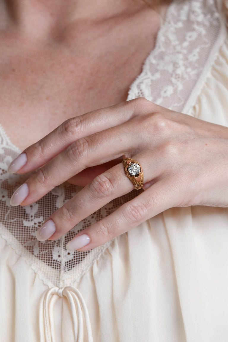 Victorian 1.55 Carat Old European Cut Diamond Engraved 18k Yellow Gold Belcher Antique Engagement Ring